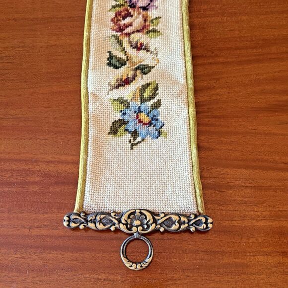 VTG Brass Bell Pull Roses Petit Point Embroidery 33.5” Olive Velvet Cottage Core - Picture 2 of 7
